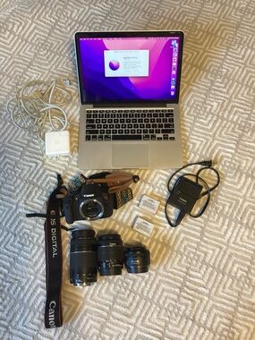 Apple MacBook Pro Silver Laptop 2014 and Canon Rebel t5i camera with lenses